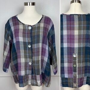 Ellamoda Linen Plaid Tunic Size M  Made In Italy Button Front Lagenlook Purple